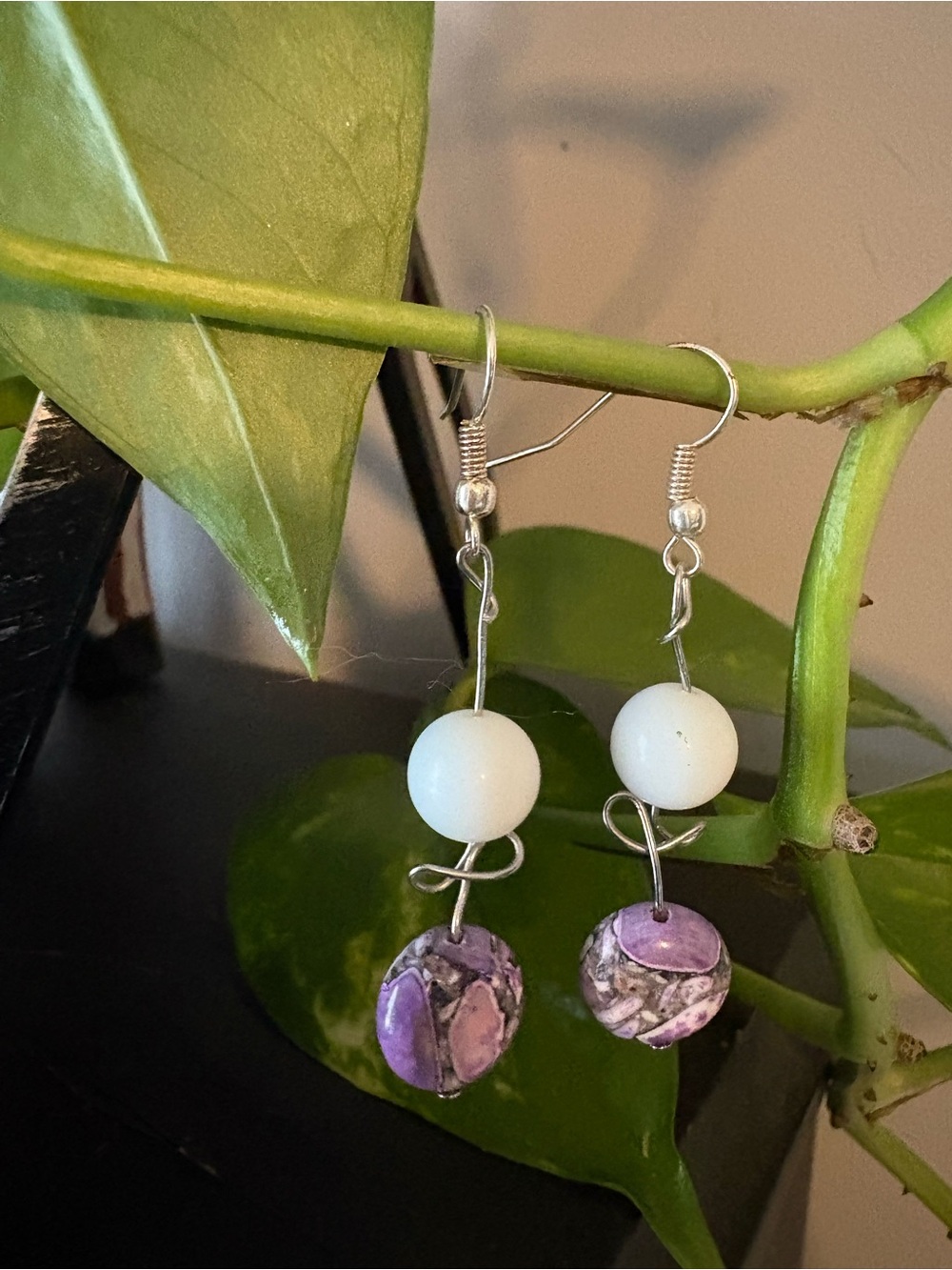 Handmade Purple & White Bead Drop Earrings, Faux Marbled Gemstone